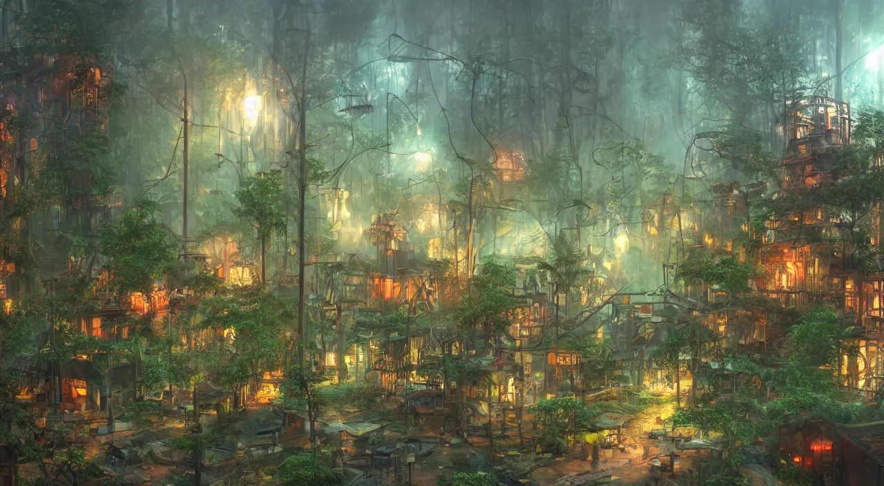 Image similar to a steampunk village in a forest in a hurricane, trees, greenery, low visibility, junk flying everywhere, neon lights, neon signs, magical atmosphere, mist, steam, photo realistic, wideangle, Matte painting, octane render, 8k, corona render, movie concept art by guido borelli da caluso octane render, trending on artstation
