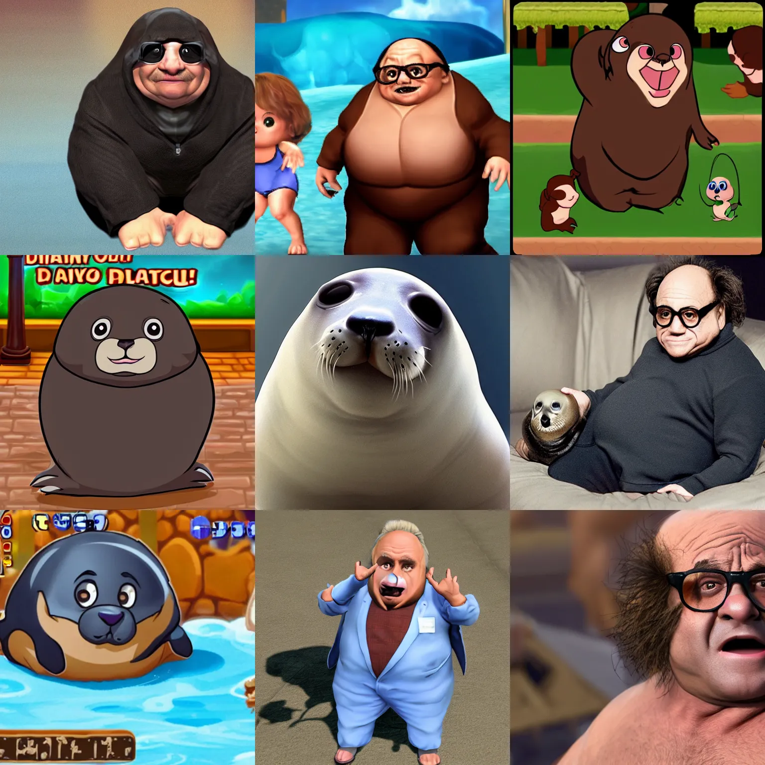 Prompt: Danny DeVito disguised as a baby seal as a playable character in the game Hell Taker