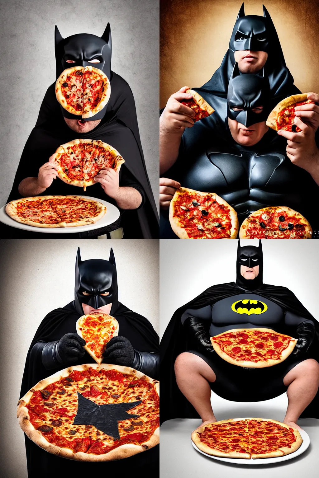 Prompt: fat batman eating pizza, portrait, studio photography, photo real, photograph