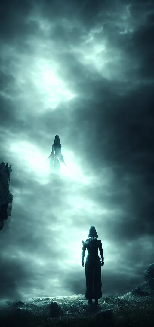 Image similar to photo of mystery observer, dark fantasy, cinematic, volumetric lighting, epic composition, high detail, dark fantasy