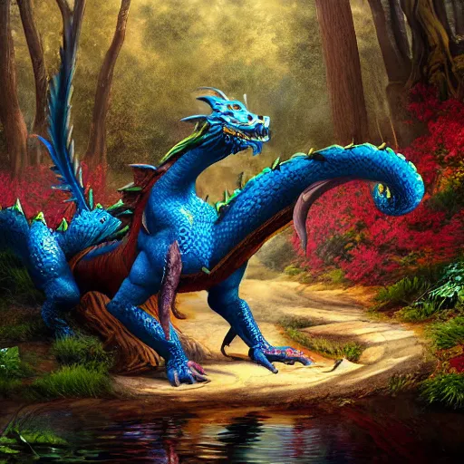 Prompt: highly detailed painting of a western dragon emerging from a colorful woodland hotspring, fantasy, featured on artstation