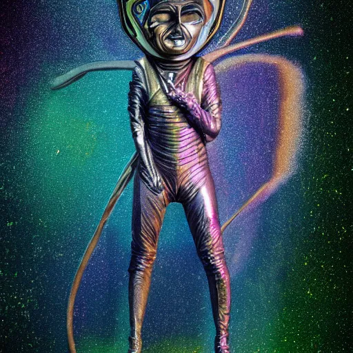 Image similar to the mummy astronaut, style hybrid mix of Emma Lindstrom+Romi Lerda+ Sandra Pelser,Yves Tanguy+ Alphonse Mucha+ Ernst Haeckel+ Edward Robert Hughes+Stanisław Szukalski , rich moody colors,diamond dust glitter and sparkles, holographic krypton ion,green eyes,octane render,4k, ighly detailed, hyperrealism, excellent composition, cinematic concept art, dramatic lighting, trending on ArtStation