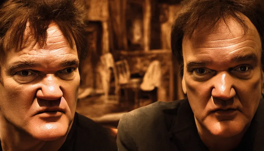 Prompt: Quentin Tarantino sitting inside house made of feet, cinematic lighting, IMAX close-up of face, cinematography, 35mm