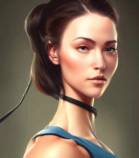 Image similar to beautiful portrait of a gorgeous personal trainer who looks like Lady Dimitrescu , character design by charlie bowater, ross tran, artgerm, and makoto shinkai, detailed, soft lighting, rendered in octane