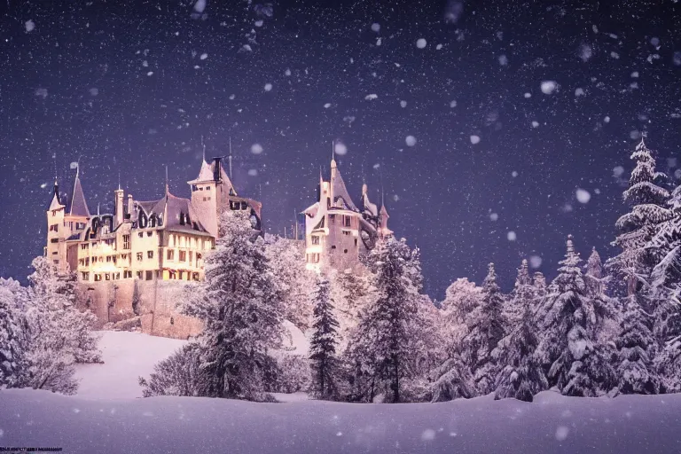 Prompt: Beautiful castle in the heart of the forest and snow-capped mountains at night, hyperdetailed, photo realistic, dramatic lighting, Nat Geo award winner, 100mm lens, bokeh