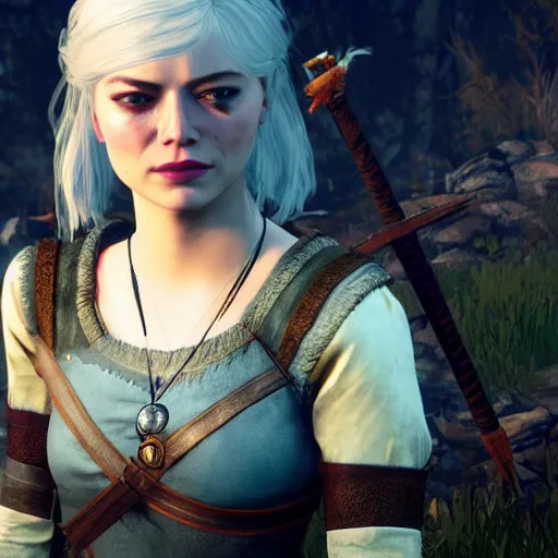 Image similar to Emma Stone in The Witcher 3 video game