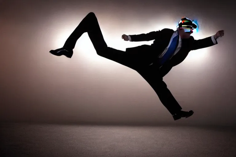 Prompt: a hero shot of Donald Trump doing a jump kick, back lit, epic, photo