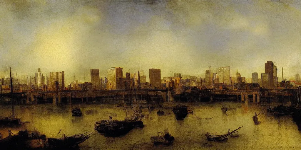 Prompt: a painting of the skyline of modern Rotterdam by Rembrandt