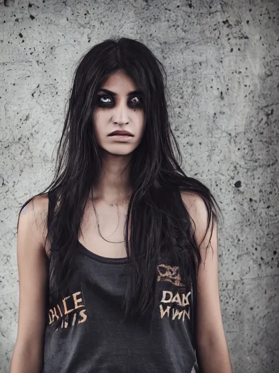 Image similar to hyperdetailed photo of a beautiful italian girl, brown eyes, dark hair, black makeup, skin, winds of winter, with ripped crop t - shirt with a logo, fine - face, pretty face