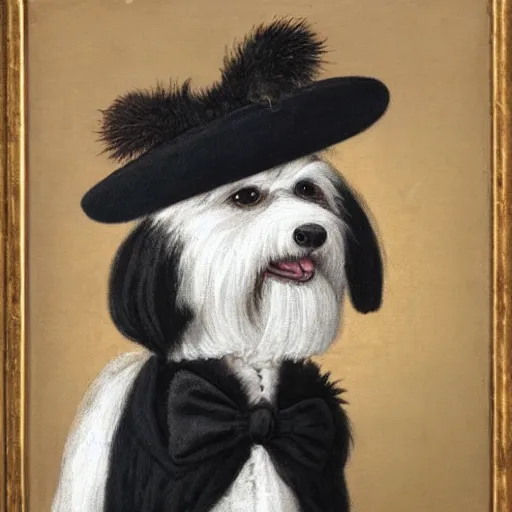 Image similar to A black coton de tulear dog with black fur dressed up as a dapper english gentleman wearing a frilly hat, renaissance oil painting, highly detailed