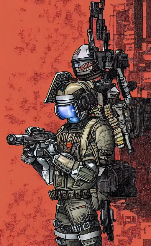 Image similar to a cyberpunk soldier with tactical gear and a rifle patrols a Japanese city on mars, Industrial Scifi, detailed illustration, character portrait, by Martin Grip and Moebius