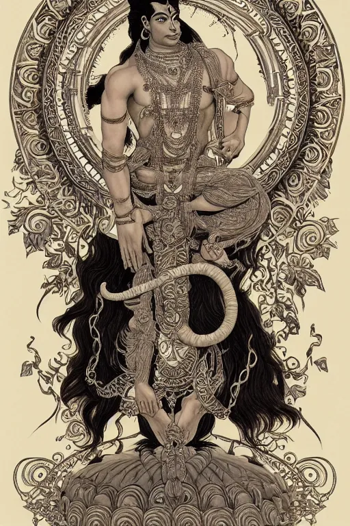 Image similar to a full body portrait of a beautiful ornated hanuman god, leaping pose, hindu stages of meditation, intricate, elegant, highly detailed, digital painting, artstation, concept art, smooth, sharp focus, line art illustration for tattoo, art by krenz cushart and artem demura and alphonse mucha