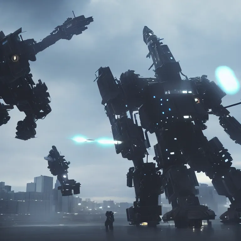 Image similar to Giant police mech fires rockets at helicopter,cinematic lighting, highly detailed, 4k octane render