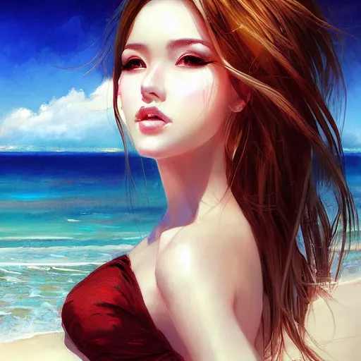 Image similar to portrait of beautiful woman on the beach by wlop, rossdraws, artgerm.