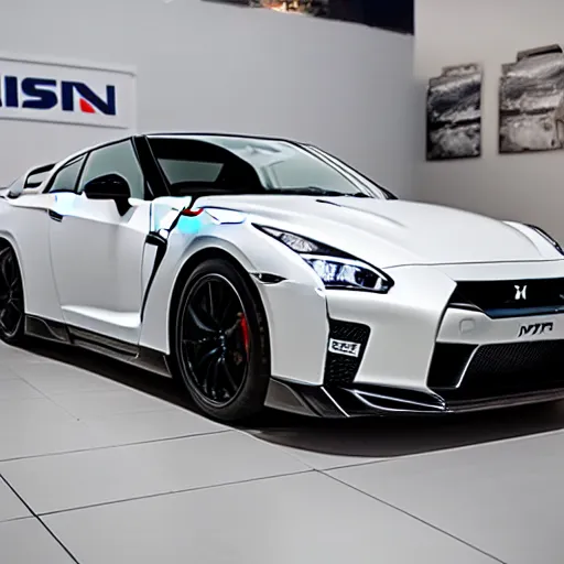 Image similar to 105mm photograph f1.8 full view white Nissan GT-R showroom beautiful lighting from 2022