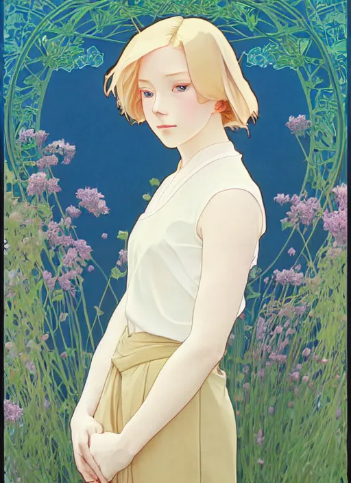 Image similar to pretty young man with shoulder length blond hair, half body shot, path traced, highly detailed, high quality, digital painting, by studio ghibli and alphonse mucha, leesha hannigan, hidari, art nouveau, chiho aoshima