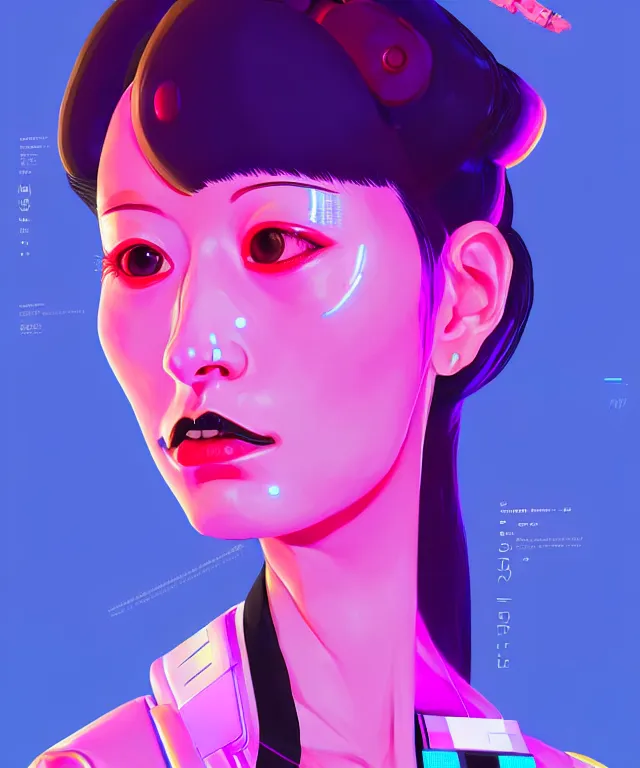 Image similar to beautiful portrait of momo from twice as a sci fi woman, with chaotic vaporwave aesthetic half human half robot, concept art by james gilleard, artstation, cgsociety, synchromism, 8 0 s animation flat cell shaded. with thick black pencil lines!!!!