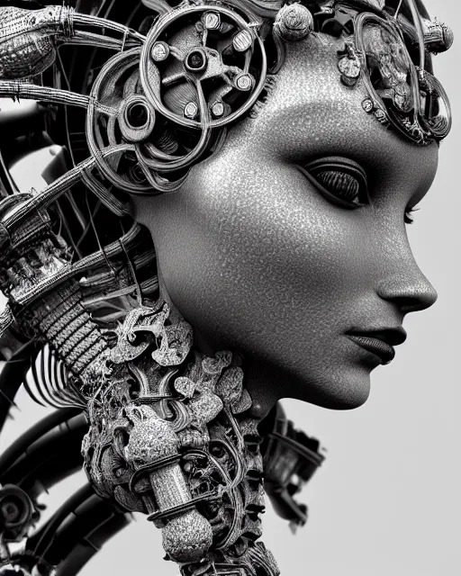 Image similar to mythical black and white organic bio-mechanical spinal ribbed profile face portrait detail of mechanical beautiful female angelic-vegetal-cyborg, highly detailed, intricate steampunk ornate, poetic, 3D render, digital art, octane render, 8K artistic photography, photo-realistic, by Dora Maar