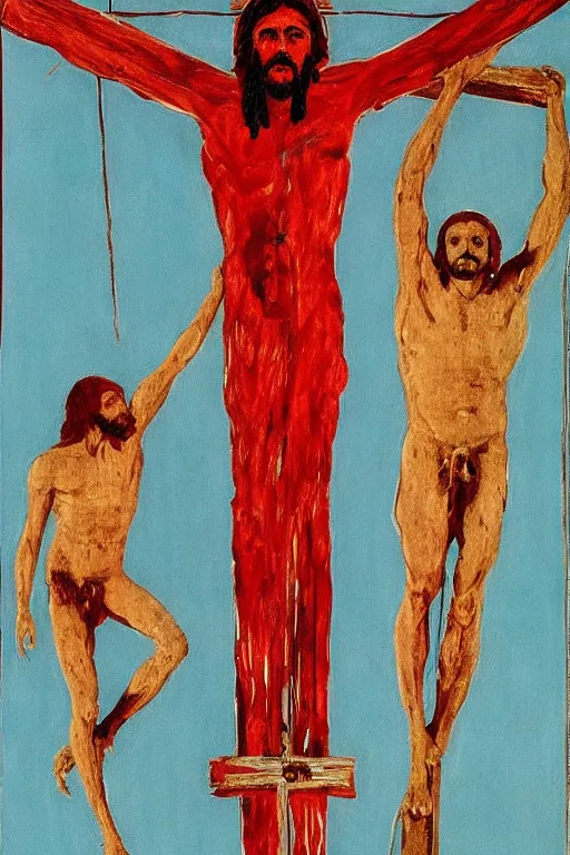 Prompt: jesus christ crucified painted by cy twombly and andy warhol