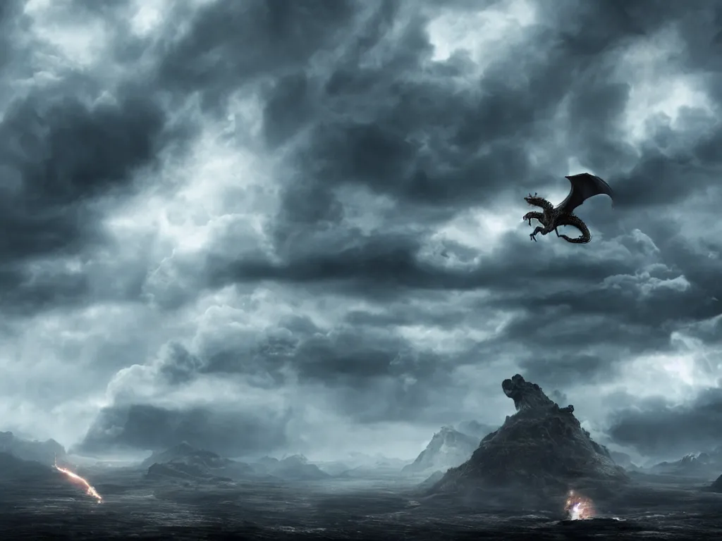 Image similar to epic cinematic shot of dragon flying through stormy clouds in the style of Game of Thrones