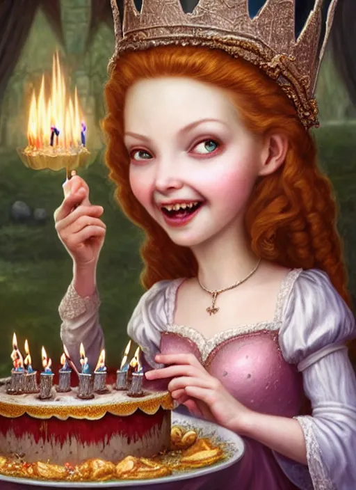 Image similar to highly detailed closeup portrait of a grinning fairytale medieval princess eating birthday cake, unreal engine, nicoletta ceccoli, mark ryden, lostfish, earl norem, global illumination, god rays, detailed and intricate environment