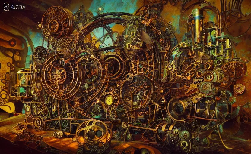 Image similar to “a psychedelic steampunk music machine made of intricate gears and industrial machine parts, by Vladimir kush , by Roger dean, By syd mead, by josip csoor, 8k resolution, realistic shadows, 3D, rendered in octane, volumetric lighting, hyper detailed, photorealistic, psychedelic”