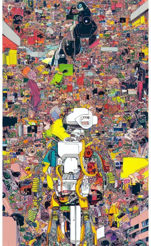 Image similar to a colorful illustration of the end of human species surpressed by artificial intelligence in style of katsuhiro otomo