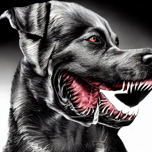 Image similar to venom dog version, ultra realistic, highly detailed, photorealism, scary, intricate detail, high res, textures, extremes, dark, twisted, black, wiry, superhero, antihero, powerful, teeth, licking tongue, dog, hair, german shepard trending on artstation