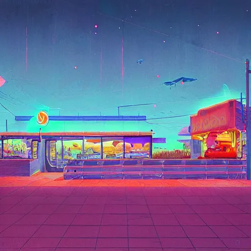 Prompt: psychedelic beachfront fast food restaurant by simon stalenhag