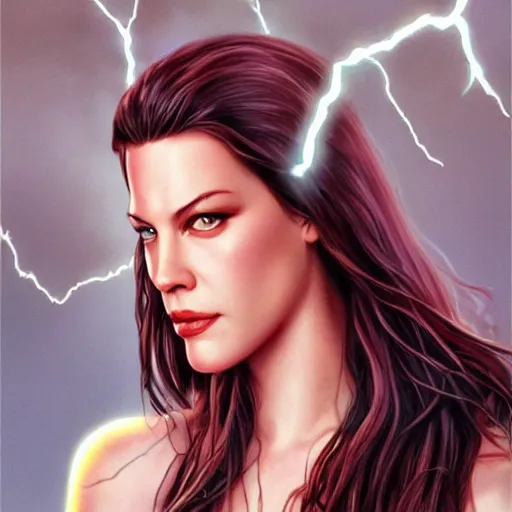 Image similar to liv tyler 2 0 - years old as the greek god of lightning, highly detailed, crazy aerosmith, young, by artgerm and greg rutkowski