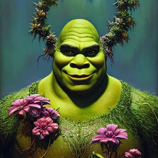 Image similar to a beautiful detailed front view portrait of shrek with ornate growing around, ornamentation, flowers, elegant, beautifully soft lit, by wayne barlowe, peter mohrbacher, kelly mckernan,