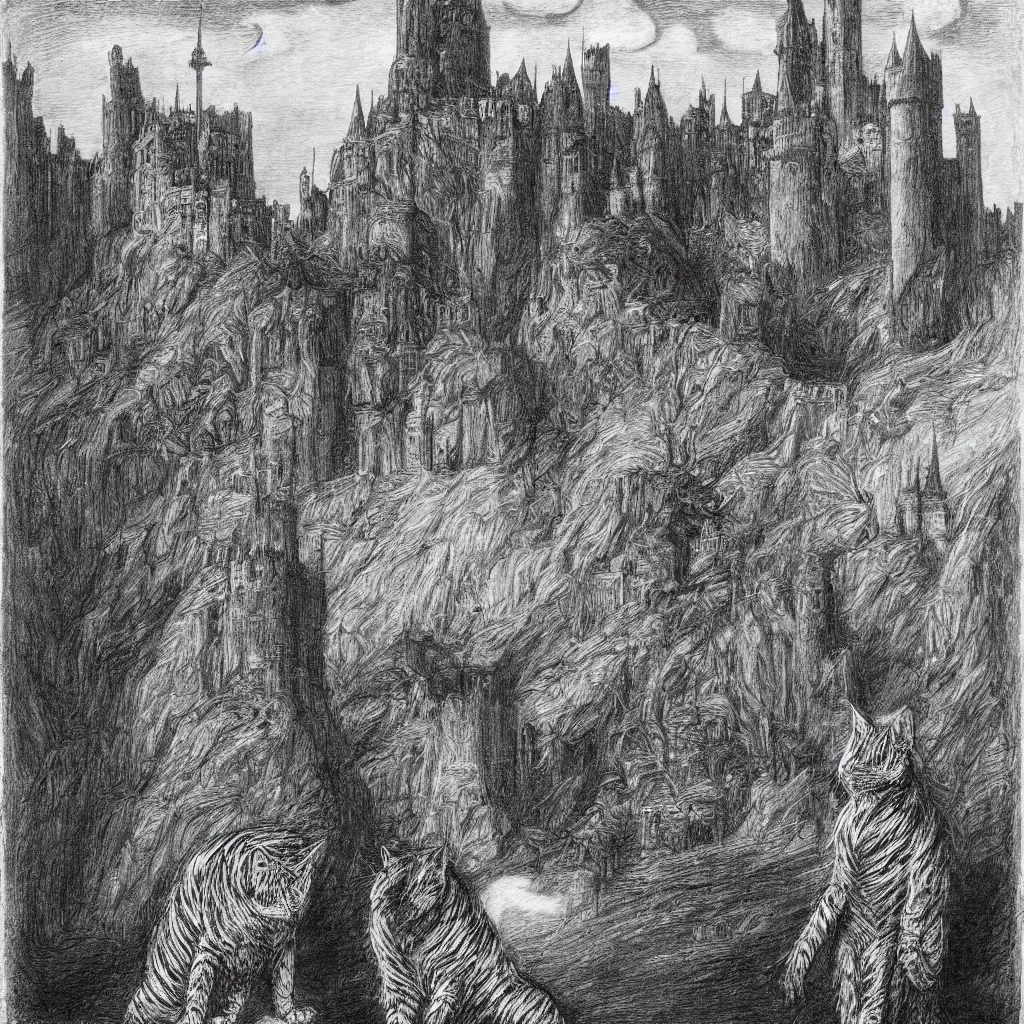 Prompt: a gray striped cat disguised as a wizard Merlin in front of the castle of Camelot, 1914, in the style of Gustave Doré and Hito Steyerl, 35mm film