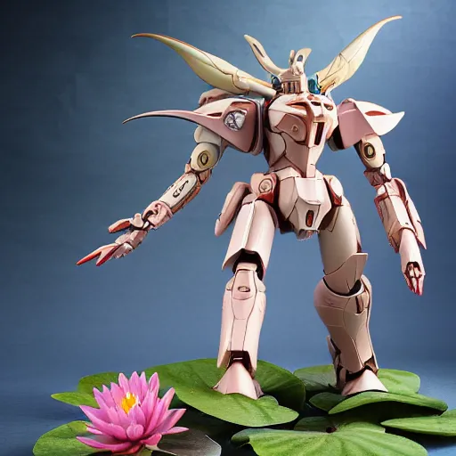 Image similar to futuristic nymphaea mech waterlily upper body, sepals forming helmet, floral details, nymphaea, 8 k hd resolution, barbatos gundam with floral inlay, bandai box art, star wars, makoto kobayashi, frank gehry, raymond swanland