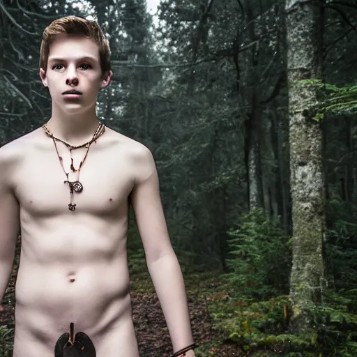 Image similar to a teenage boy, around 1 9 yo. necklace. natural brown hair. loincloth, pale skin, looking around. detailed face. ominous and eerie looking forest in background. natural colors. realistic photo. 8 k