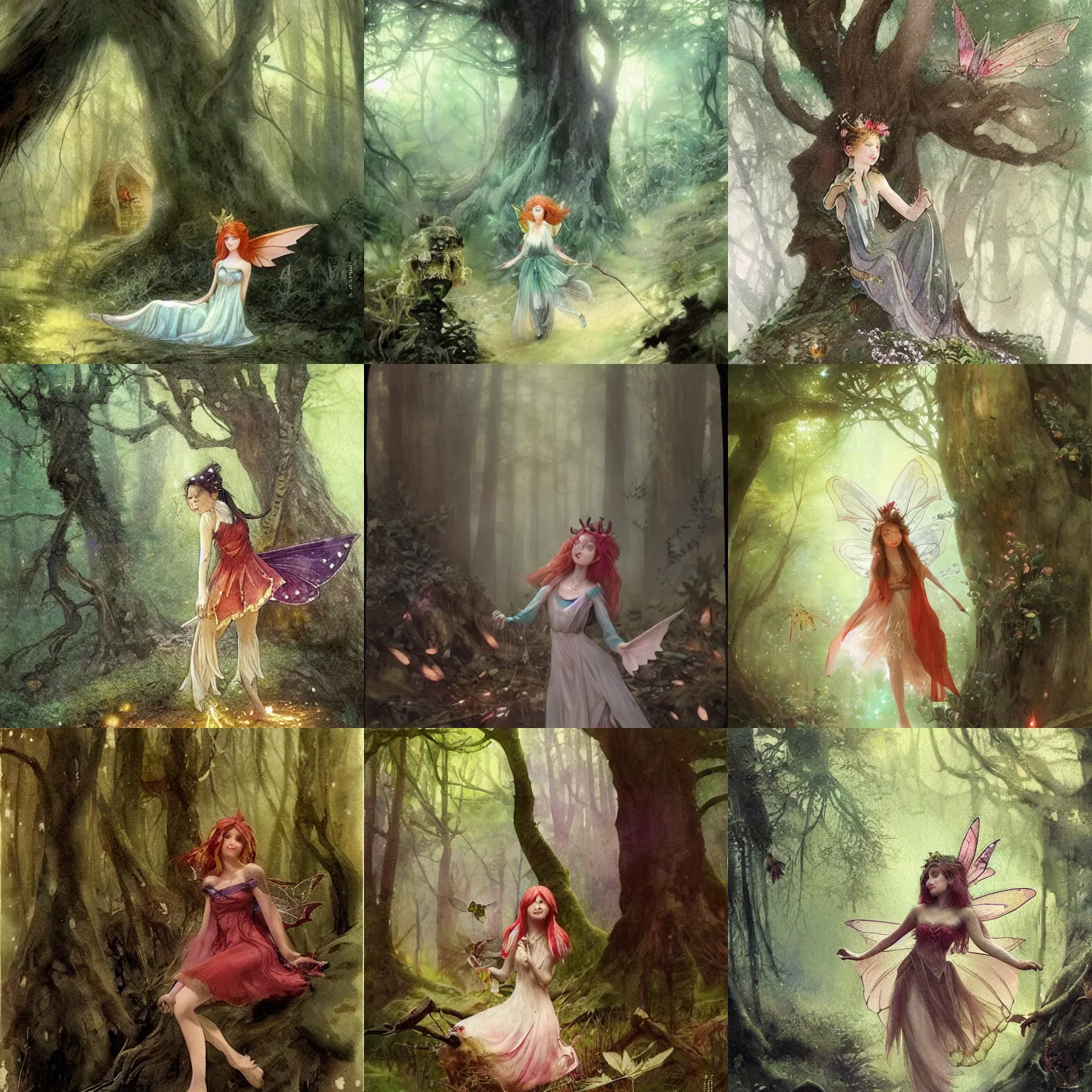 Prompt: a cheerful, optimistic fairy ( looks similiar hollday granger!!! ) in the forrest. dim light, magical, detailed, chinese watercolor, fantasy, portrait by greg rutkowski, tapiro baro and studio gibli, ( ( inspired by henry meynell rheam's the fairy wood ) ) ( 1 9 0 3 )