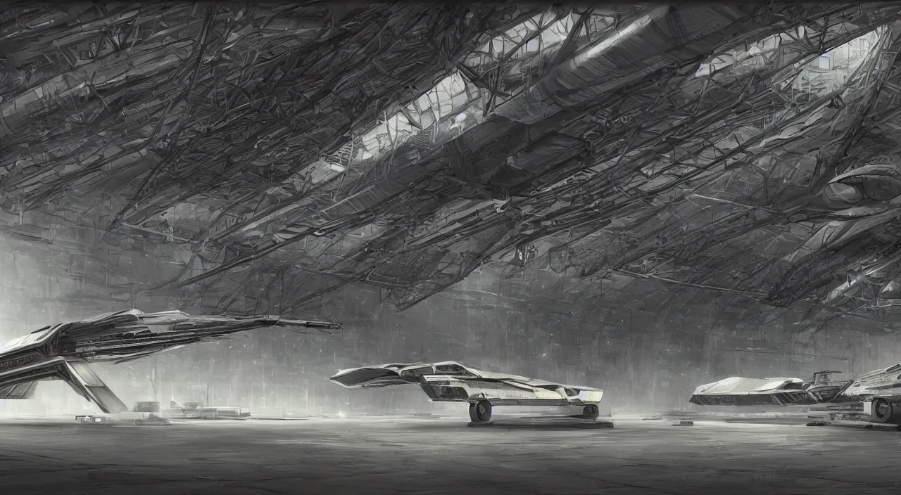 Prompt: realistic illustration of a spaceship in a hangar, sci fi, trending on artstation