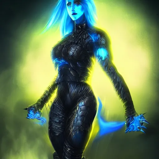 Prompt: dark art, Hot reptile humanoid woman, wearing armor, long blue hair, glowing yellow eyes, dark world, futuristic, digital art, artstation, concept art, 4k, 8k