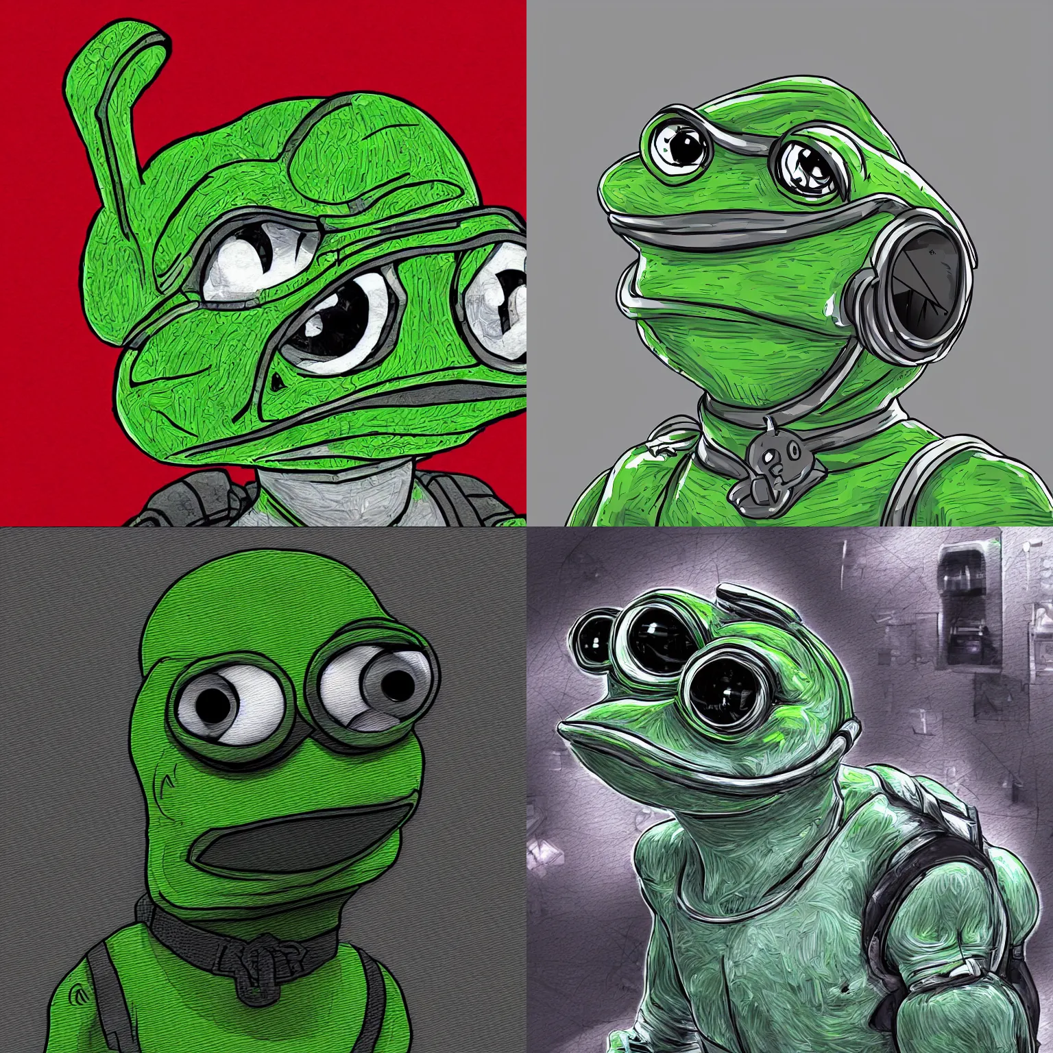 Prompt: Pepe frog, futuristic virtual style, cyber, iron, extremely high detail, concept art
