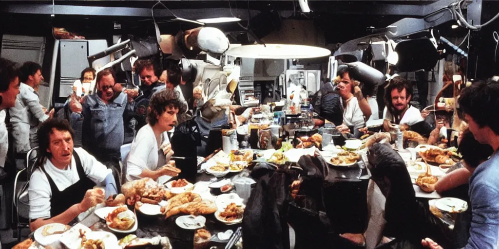 Image similar to color film still, behind the scenes of filming, actors eating lunch. ; alien 2 ( 1 9 8 6 )