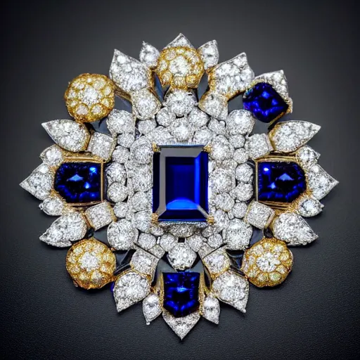 Image similar to white box commercial photography of a brooch jewel, with diamond shape, deep dark blue sapphire, gold ornaments and curves, 8 k, hires close up, high aperture, white background, pinterest, artstation