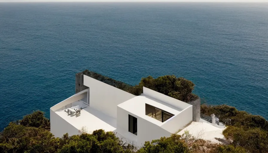 Image similar to modern house perched on a cliff overlooking a magnificient bay, drawing architecture, pritzker architecture prize, greig fraser