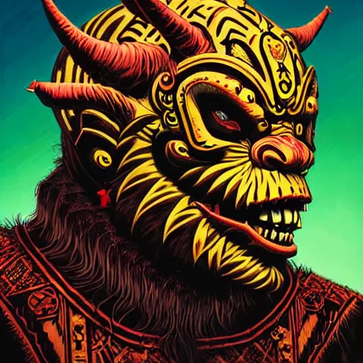 Prompt: side profile of barong family member, wiwek, mara demon, one single tribe member, jungle, one single mask, dark, ancient warrior, dwarf, midget, tribal, inner glow, art by dan mumford and justin gerard