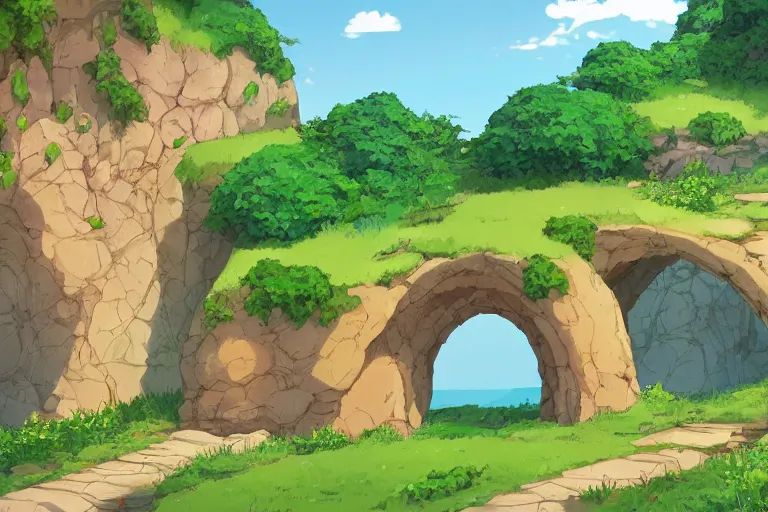 Image similar to natural stone arches with bushes, sunny day, long shot, digital art, in the style of studio ghibli, vivid colors, highly detailed, 8 k, establishing shot, smooth, trending on artstation, illustration, flat colors