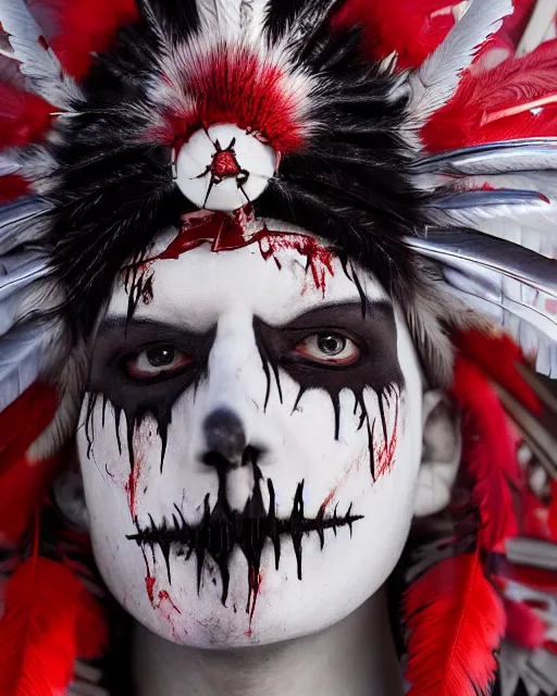 Image similar to the ghost - spirit of the grim - warpaint wears the scarlet skull armor and native blood headdress feathers, midnight fog - mist!, cinematic lighting, various refining methods, micro macro autofocus, ultra definition, award winning photo