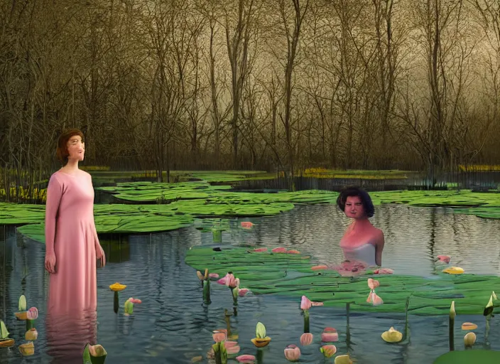 Image similar to cinematic mid shot of a high detail, woman's face looking off camera. fine facial features. she stands in an empty, pastel colourful 3 d, water lilly swamp, by jeffrey smart and gregory crewdson and edward hopper, inspired by the grand budapest hotel