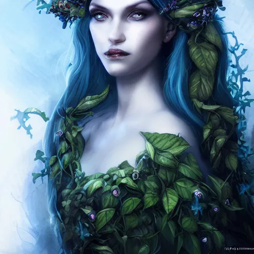 Image similar to detailed portrait of a dark fairy queen , realism, pale blue, emerald, sapphire, wearing a crown of vines, nest of vipers, moonlit, dark fantasy, dramatic lighting, cgsociety, artstation