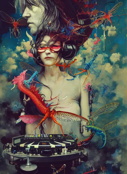 Image similar to surreal gouache painting, by yoshitaka amano, by ruan jia, by Conrad roset, by good smile company, Noel Fielding surrounded by magical dragonflies and a big DJ Mixer, deck, portrait, cgsociety, artstation, rococo mechanical and Digital and electronic, dieselpunk atmosphere