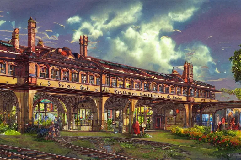 Image similar to Shrewsbury Railway Station in the style of Roger Dean, fantasy art, trending on art station,