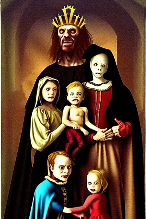 Prompt: renaissance style creepy family, wearing a crown and a cape, dark background, by richard corben