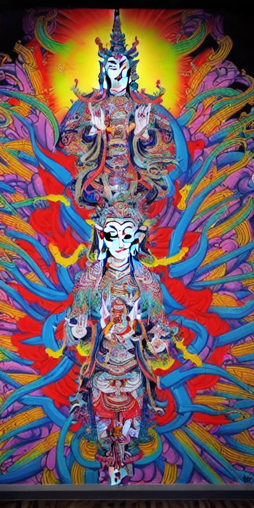 Image similar to epic graffiti mural of a 1000 armed Quan Yin deity, colorful and dynamic in the style of Hownosm and James Jean, ultimate collab, epic, unreal engine 5, coming to life popping out of the wall 3d,